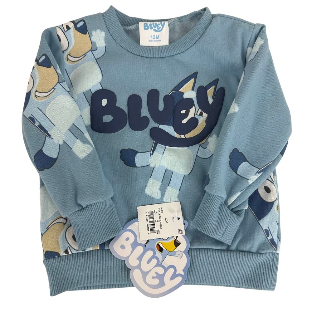 NWT Bluey Long Sleeve Fleece Cotton Blend Print Crewneck Blue Sweatshirt 12M